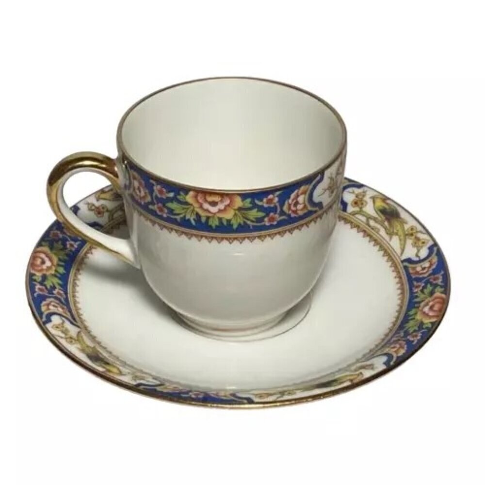 Vignaud France Limoges Tea Cup & Saucer Floral Bird Gold White Porcelain Vtg EUC